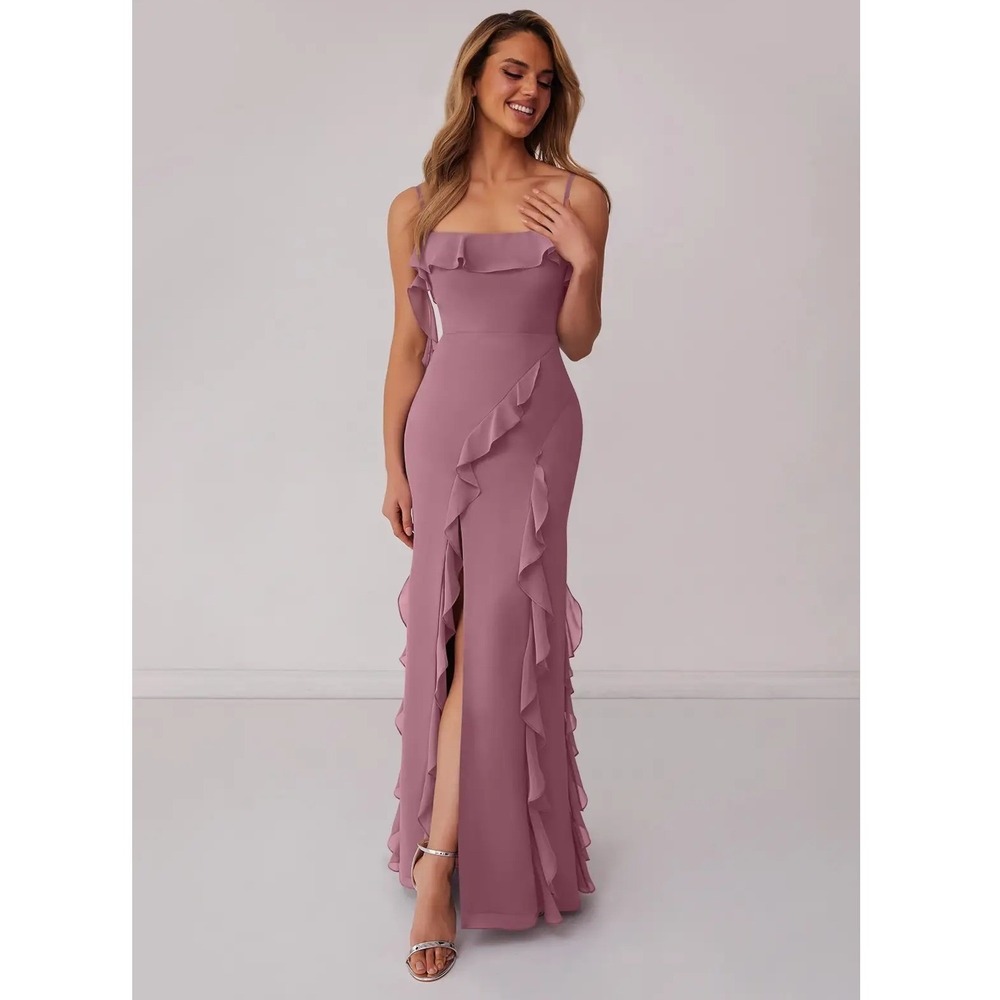 Barbie x Azazie Vintage Mauve Ruffle Maxi Dress Bridesmaid Formal Size A6 NWT
